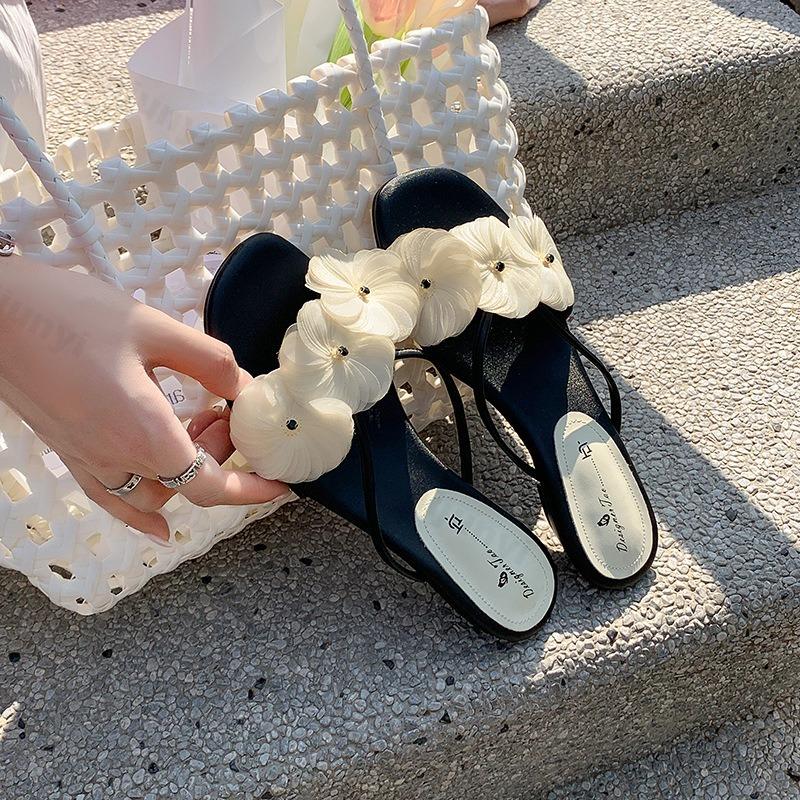 

Модные женские повседневные сандалии с открытым носком и цветочным дизайном, лето 2025, новая мода, дышащие, для улицы, пляжа, на высоком каблуке, удобные шлепанцы 35 чёрный