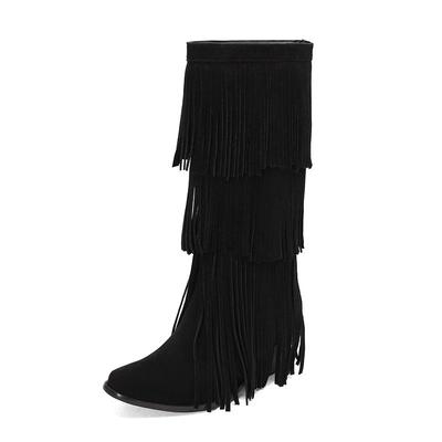 2025 Nowy Design Damskie Botki Kwadratowy Nosek Obcas Blokowy 6cm Zamsz Flock Frędzle Duży Rozmiar 45 46 47 48 Moda Randki Bota
