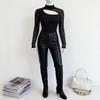 Streetwear Lace Spliced Long Sleeve T Shirt For Women With High Neck And Soft Acrylic Fabric