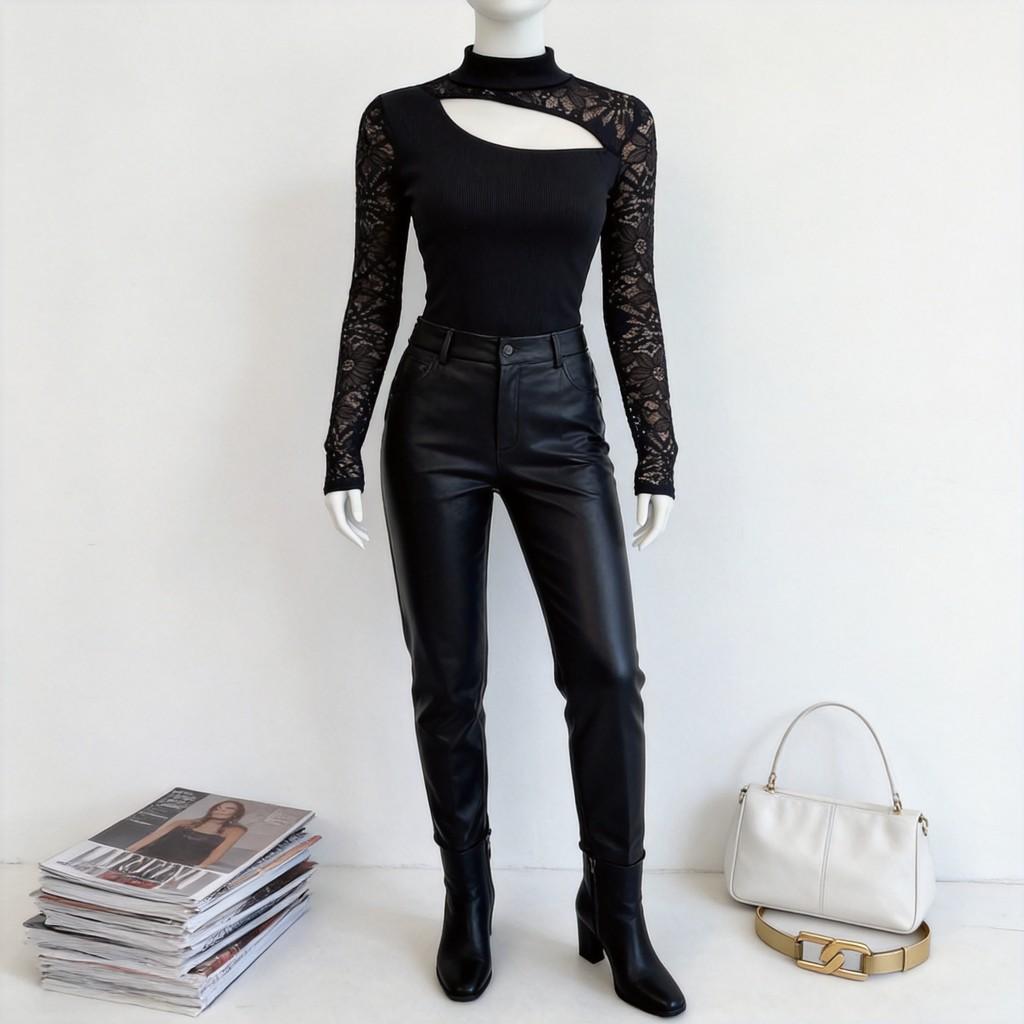 Streetwear Lace Spliced Long Sleeve T Shirt For Women With High Neck And Soft Acrylic Fabric