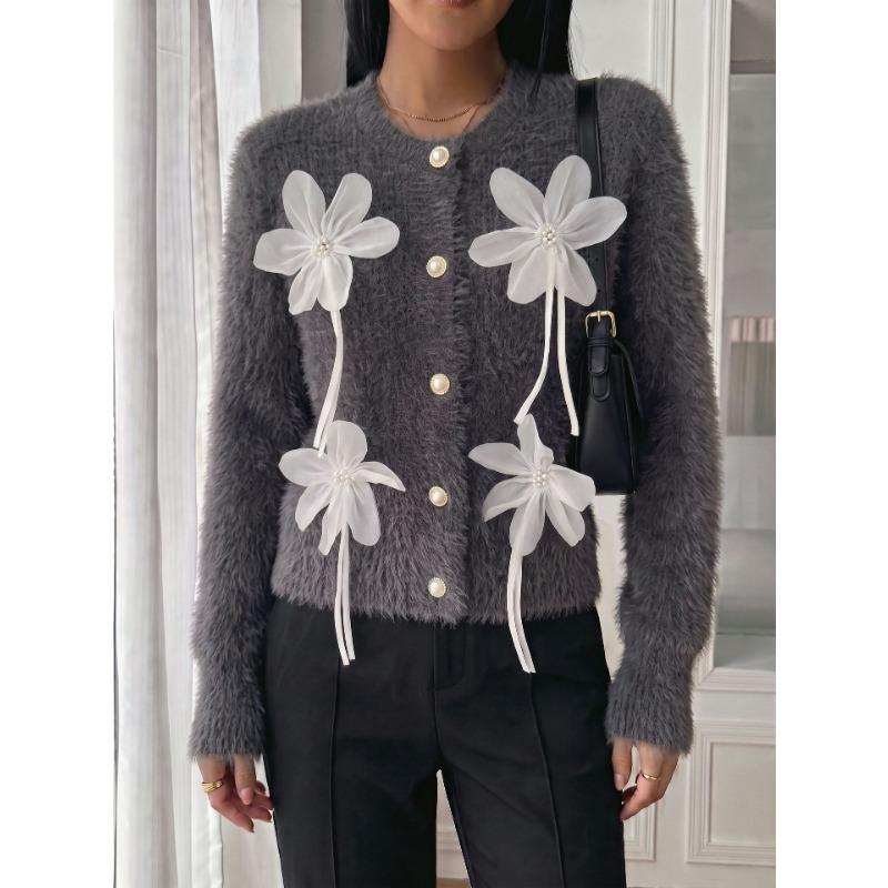 TIFICY Women's Fashion Casual Fall Winter Flower Pattern Print Long Sleeve O-Neck Sweaters