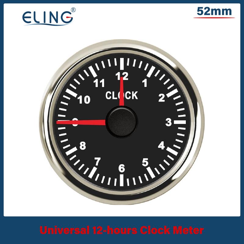ELING 52mm 2" Clock Meter Gauge 12-hour Format with Red Backlight 12V/24V for Boat Car Truck Waterproof Auto Accessories