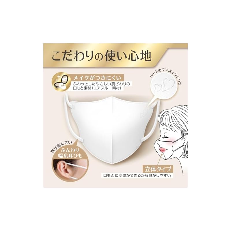 B-Style Hakugen Earth 3D Mask, Regular Size, Premium White, 20-Pack, JIS Standard Compliant, Wide Ear Loops for Comfort, Makeup Resistant, Non-woven