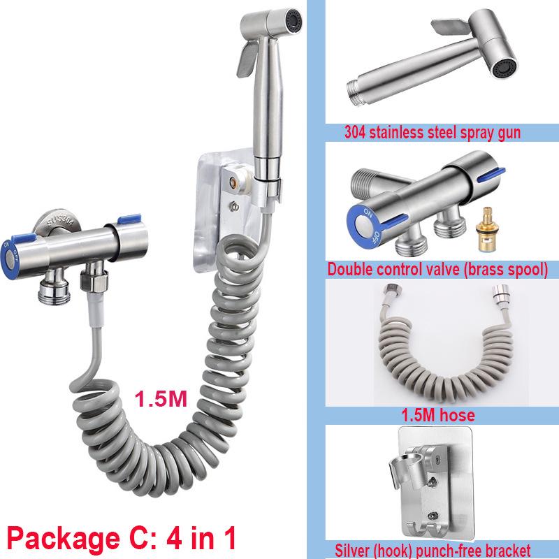 Cross-Border 304 Stainless Steel Toilet Spray Gun Set with Flushing Booster Nozzle for Bidet