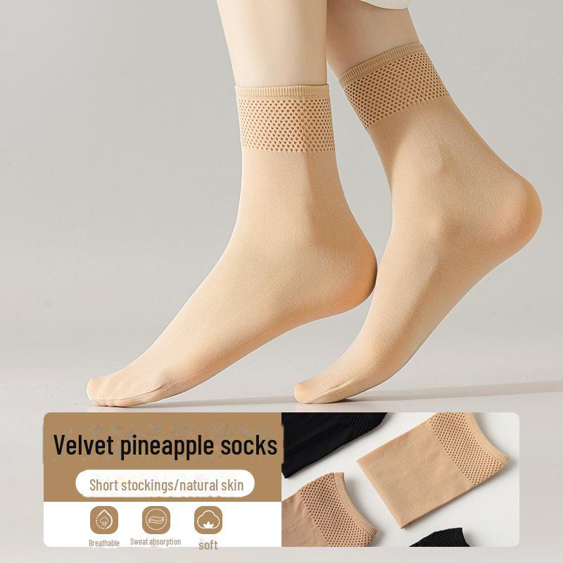 

Ультратонкие женские летние чулки: Носки средней длины с рисунком «ананас» телесного и черного бархата в японском стиле, впитывающие пот и нескользящие. Upgraded version of crystal socks with glue