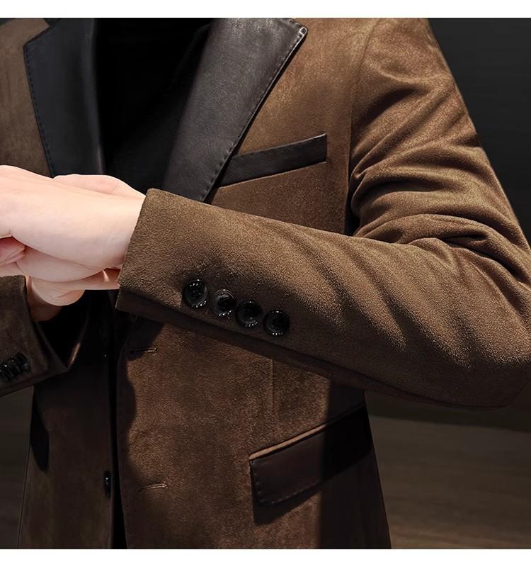 Skórzany 2025 Męski Khaki Szyty Blazer - Styl Hongkoński Jesień/Zima