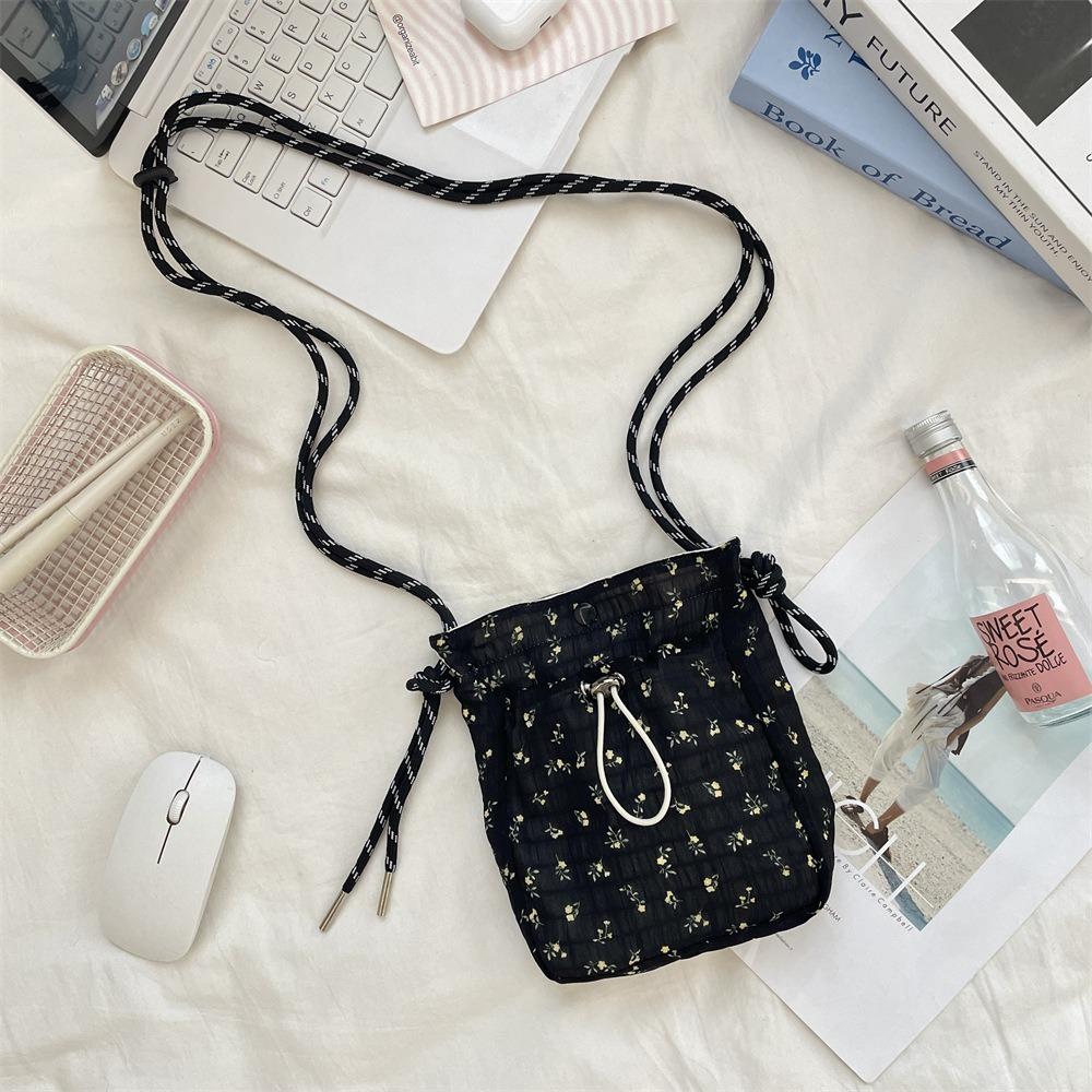 Minimalist Style Drawstring Canvas Crossbody Bag Small Lightweight Shoulder Bag Floral Print Coin Purse Women Girl
