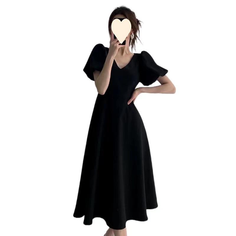 Plus Size Wine Red French V-Neck Hepburn Style Summer Puff Sleeve Slimming Long Skirt