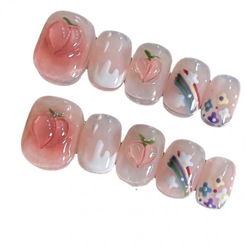 And Cute Naked Sweet Short Handmade Nail Art With Rainbow  Peach Flowers
