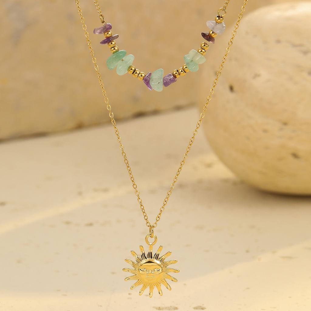 GEMCHIC Women's Natural Stone Beaded Necklace Stainless Steel Sun Pendant Dainty Layered Vacation Necklace