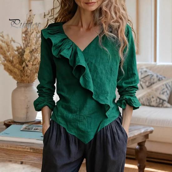 V-neck Women Top Tops V Neck Long Sleeve Ruffle Design Solid Color Commuter Blouse Loose Fit Work Party Casual Daily Wear Slim