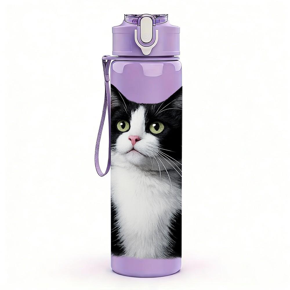 1PC Short Hair Black White Cat Print 750ml Color Plastic Sports Water Bottle Leakproof Flip Straw Lid Suitable for Sports Office Home Use