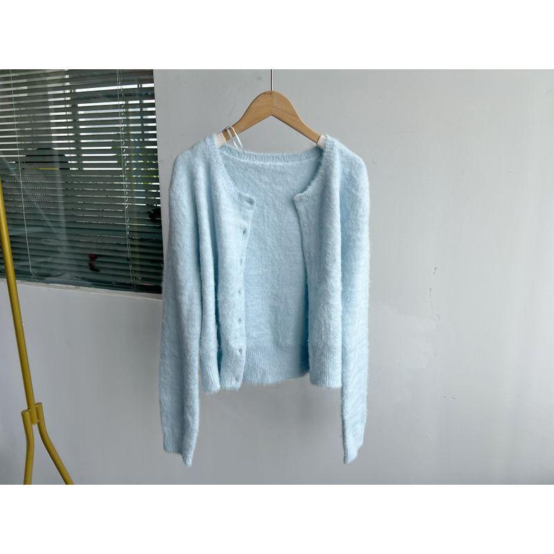 

2 Wall 1-1 Simple Korean Series Mink Fur Soft Glutinous Light Blue Knit Outer Wear Age-Reducing Slimming Cardigan Top J25-4 Light blue (without deduction) S