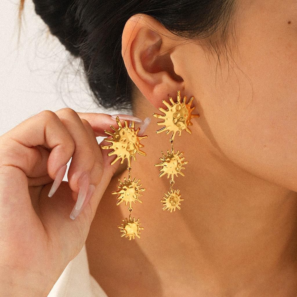 18k Gold Stainless Steel Hammered Sun Pendant Earrings, Stylish Drop Earrings, High-end Light Luxury Jewelry