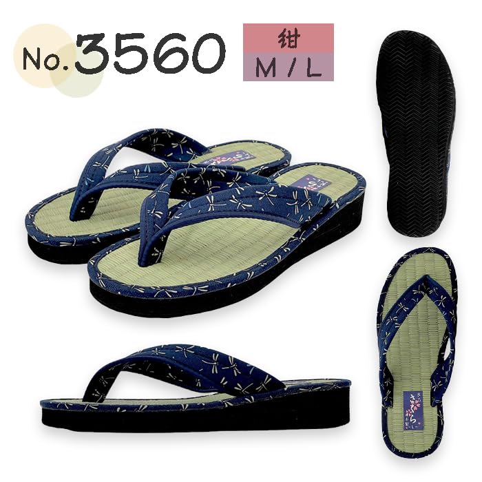 Taimei Shokai Sandals with Straps and Japanese Pattern Women's Japanese-made Tatami-style (3560 (Navy), Large)