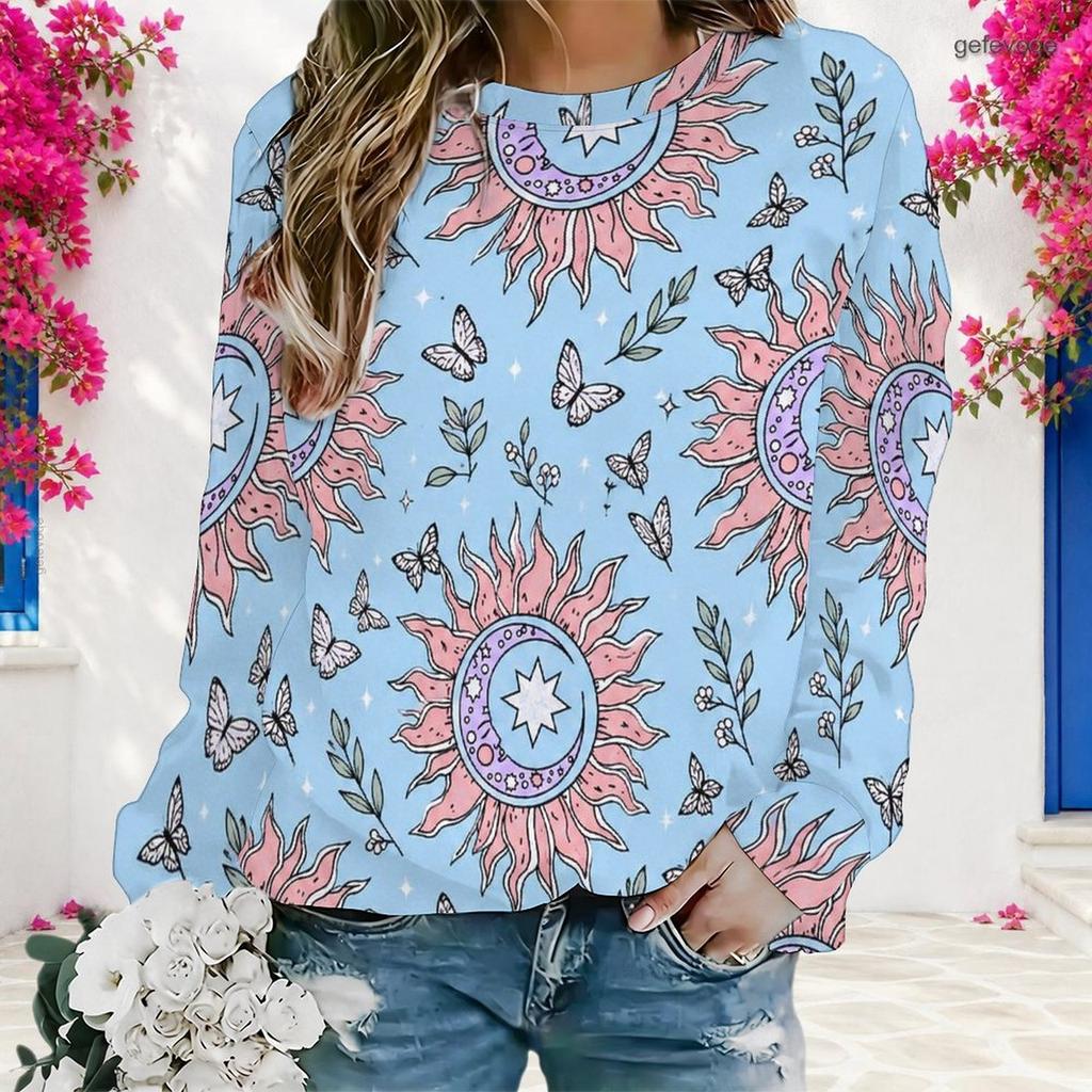 Women Plus Size Round Neck Long Sleeve Ribbed Cuffs Sun Moon Butterfly Print Light Blue Sweatshirt