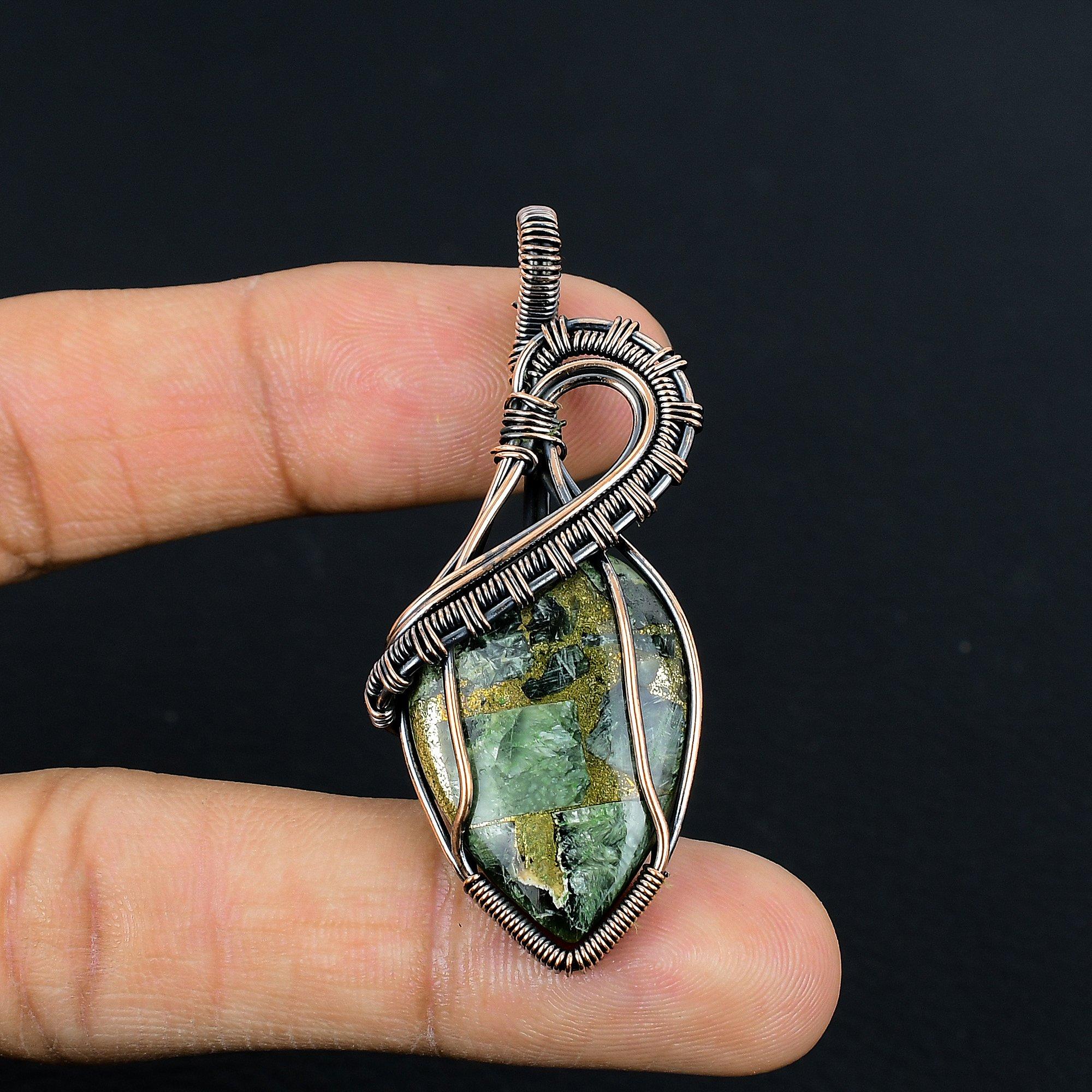 

Copper Seraphinite Pendant, 999 Copper Wire Wrapped Gemstone Jewelry, Handmade Pendant, For Thanksgiving 2.55 Inches
