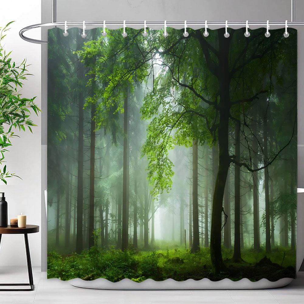Outdoor Scenic Forest Shower Curtain With Hooks Green Plant Tree Waterfall Landscape Waterproof Shower Curtains Bathroom Decor