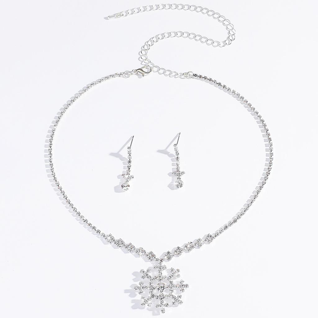 Christmas Snowflake Full Diamond Claw Chain Necklace Earrings Set Holiday Jewelry Two-Piece Set Women