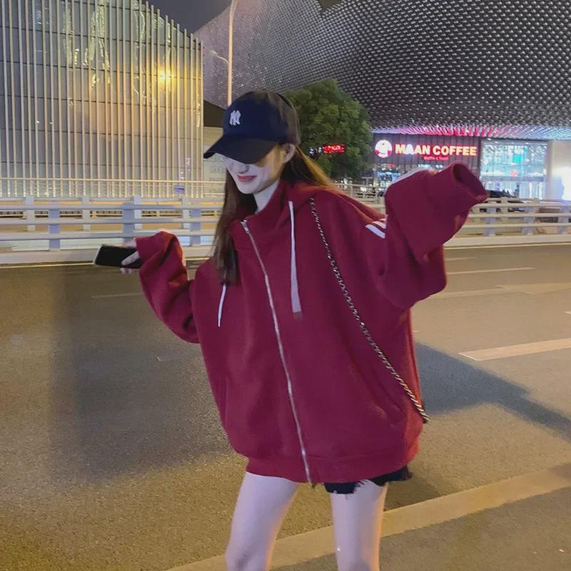 Official Women's Classic Oversized Hooded Zipper Sweater, 2020 Autumn/Winter Plus Velvet Jacket, Trendy Top
