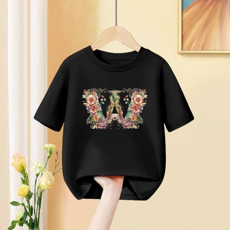 A B C D Kombinationsschrift Mädchen T-Shirt Blumendruck Lässige Oberteile Benutzerdefinierter Name Buchstabe Kinder Schwarzes T-Shirt