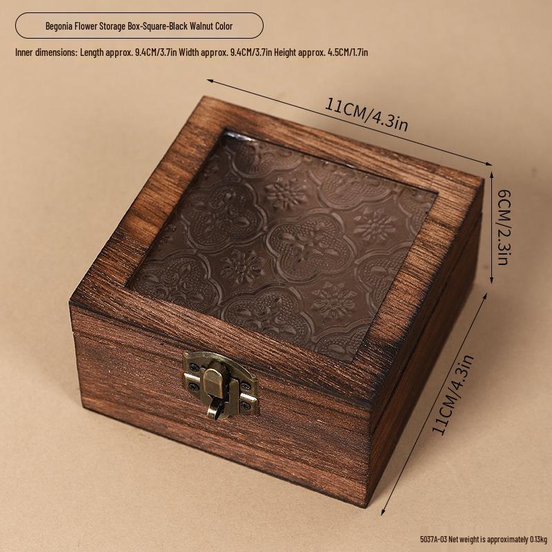 Retro Begonia Glass Lid Wooden Storage Box for Cosmetics, Snacks, Candy, and Documents - Dustproof and Multifunctional