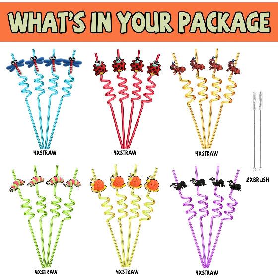 24 Bug Birthday Party Supplies Reusable Plastic Straws for Insect Themed Party Favors Decorations with 2 Cleaning Brushes