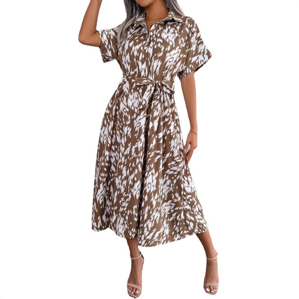 2025 Spring/Summer Casual Leopard Print Tie-Up Shirt Dress for Women