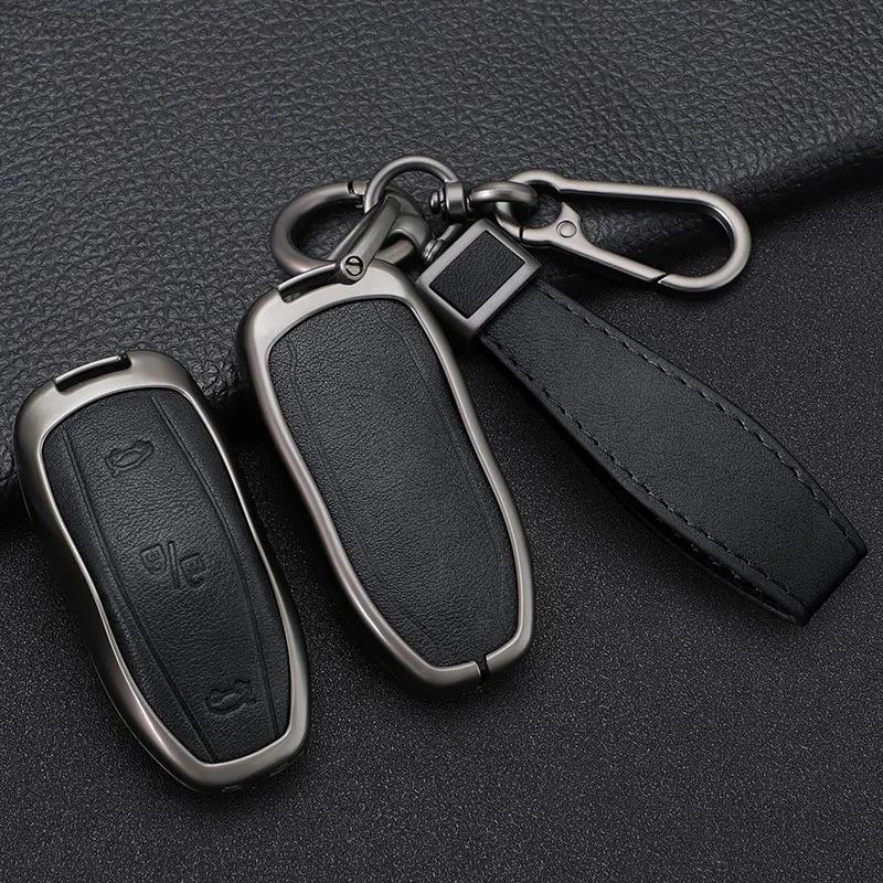 Zinc Alloy+ Leather Car Smart Key Cover Case Shell Fob For Tesla Model 3 Model Y X S Key Shell Bag Holder Protector Accessorie
