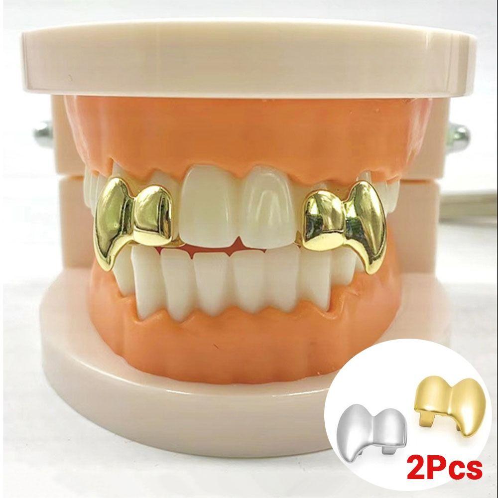 2Pcs/Set Double Glossy Tooth Caps Gold Silver Color Fangs Dental Grills  for Women Men