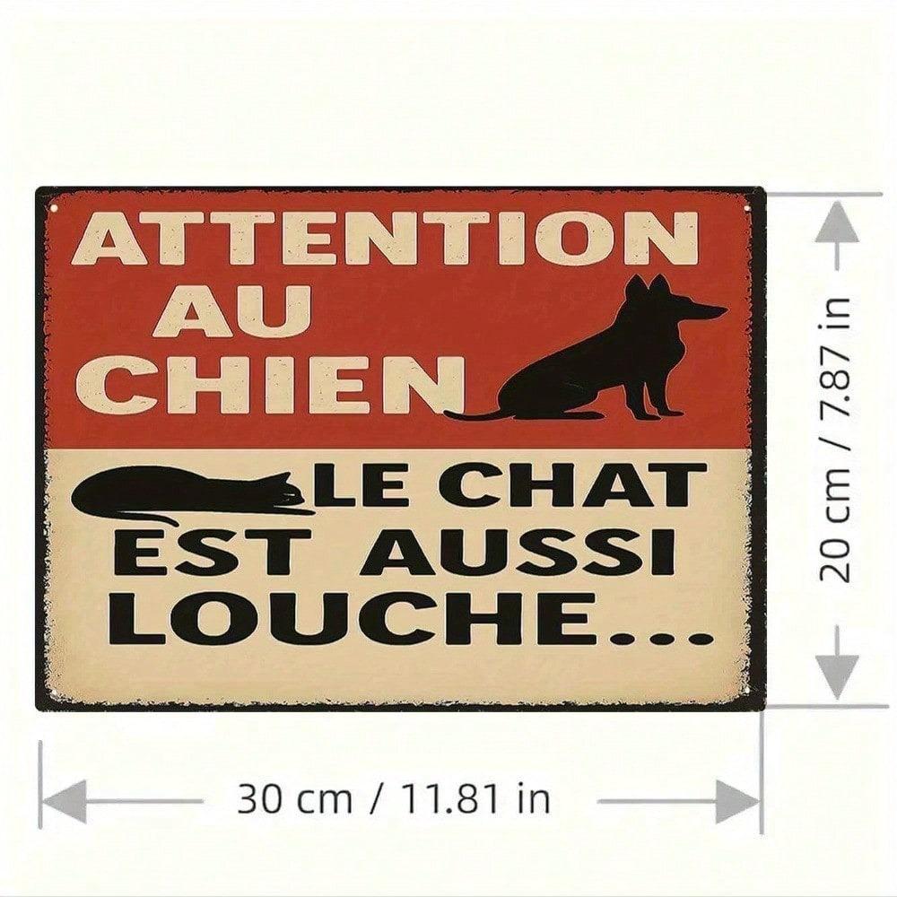 Vintage French Pet Warning Metal Sign, Rustic Dog Cat Tin Plaque, Funny Wall Decor for Home