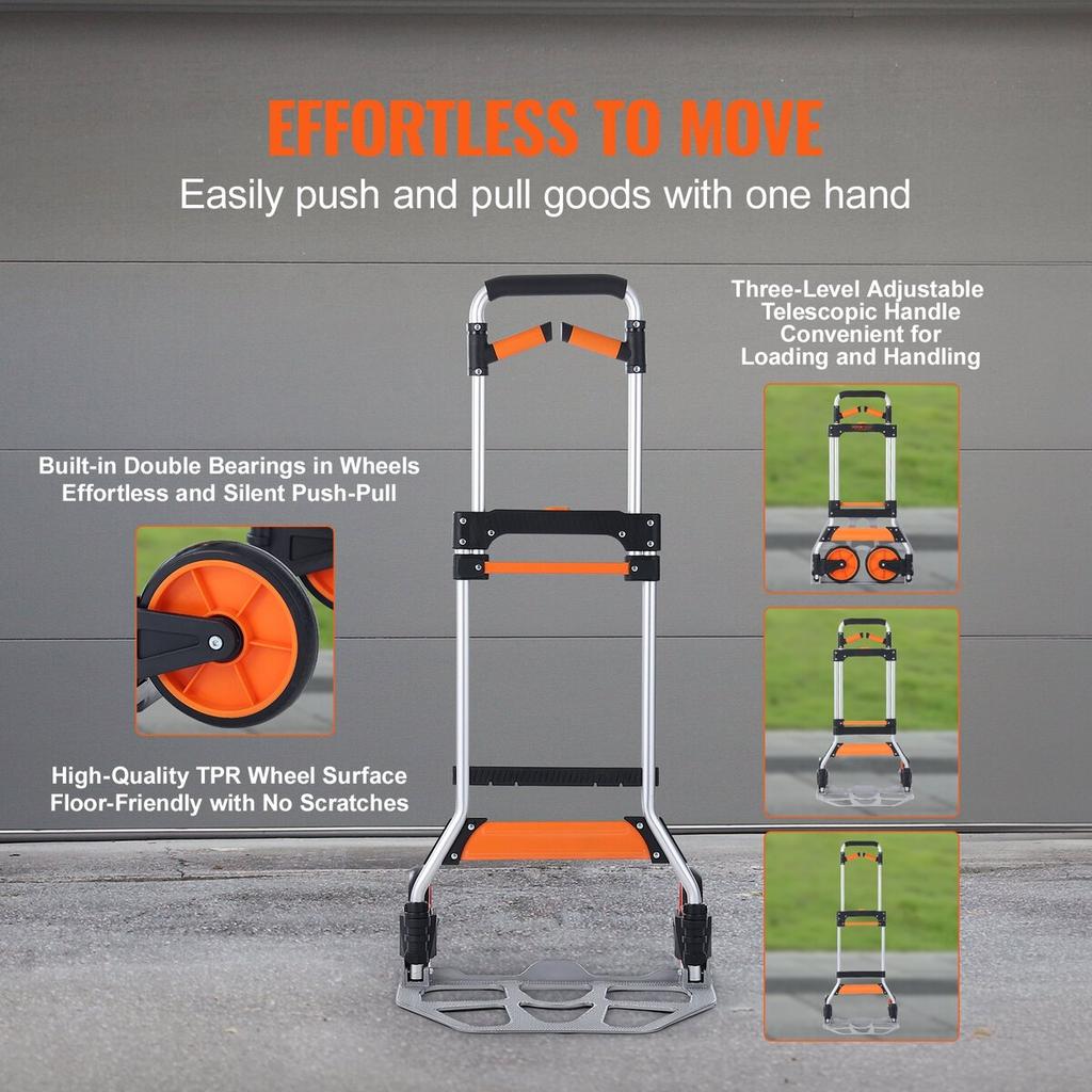 Folding Hand Truck, 309 Lbs Load Capacity, Aluminum Portable Cart, Convertible Hand Truck and Dolly with Telescoping Handle and PP+TPR Wheels, Ultra