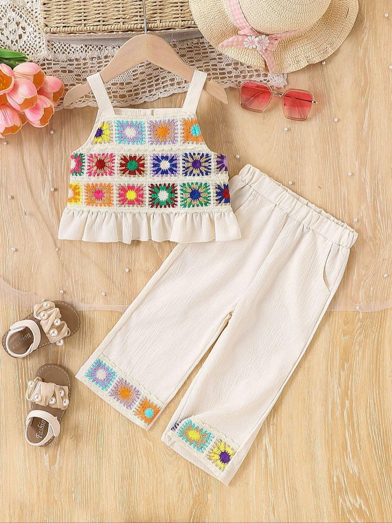 2-piece set of baby girl baby casual ethnic lace decorative camisole top and open pocket straight leg pants, summer 6-9M бежевый