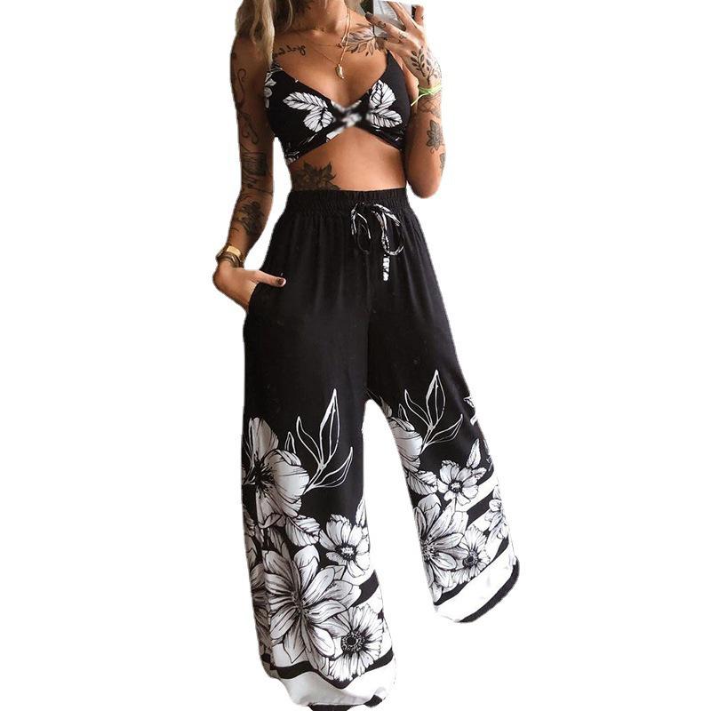 2025 Sommer Damen Europäischer & Amerikanischer Print Bandeau Weite Hosen Zweiteiliges Set