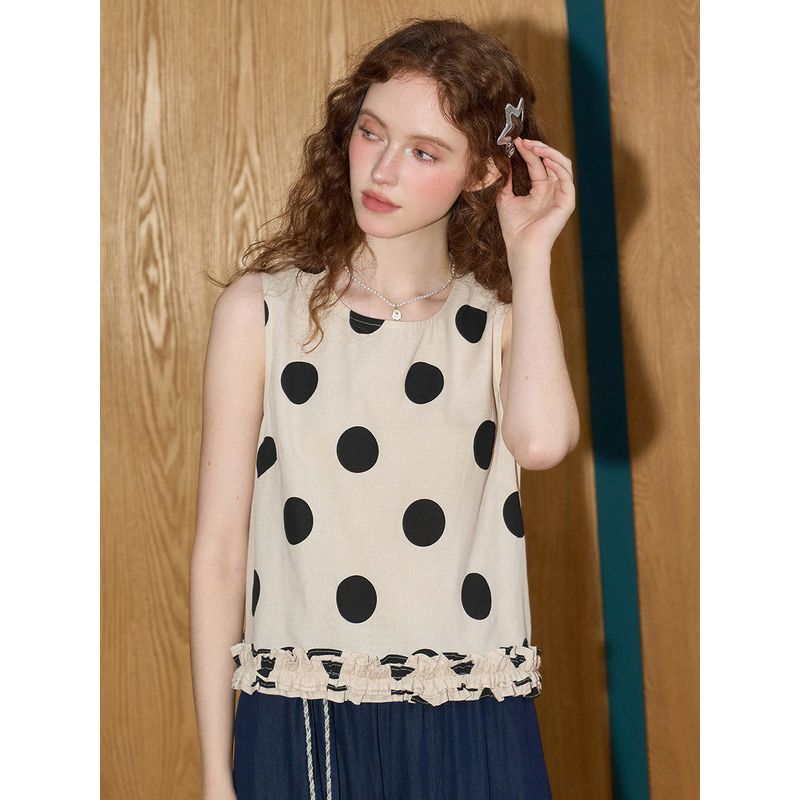Coolhut Ruffled Versatile Polka Dot Vest with Lace Hem Sleeveless Design 2025 Summer New Style Top for Women