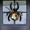 Halloween Spider Wreath for Front Door Wooden Black Spider Shaped Door Sign with Artificial Flowers for Indoor Outdoor Wall Decor