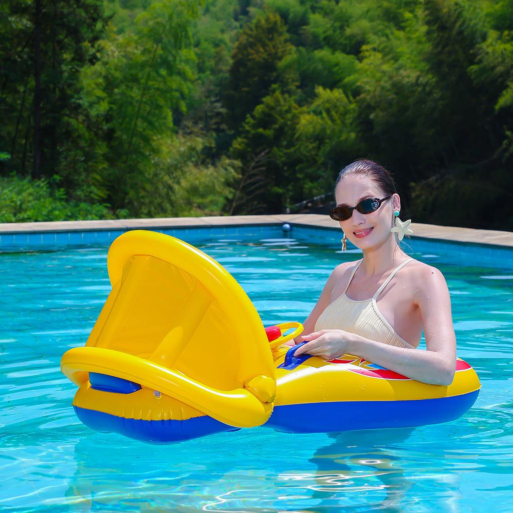 Inflatable Baby Swimming Float with Detachable Canopy Double Airbags and Underarm Support Baby Swim Seat Float Ring for Pool and Beach Use