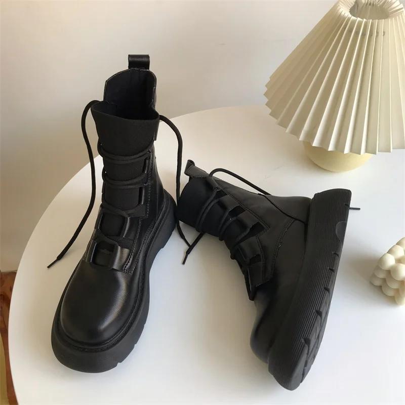 Black Knitted Lace-up Riding Boots Female 2025 Designer's New Spring and Autumn Boots Thick-soled British Wind Locomotive Boots