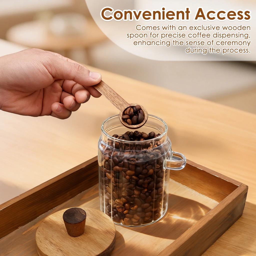 Airtight Glass Jars with Wooden Lid and Spoon Transparent Multipurpose Moisture-proof Coffee Food Storage Jar for Spices Beans