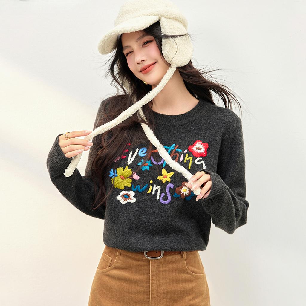 Dimanaf 2025 Women Sweaters Knitting Basic Embroidered Flowers Grey O-Neck Style Loose Pullover Sweater