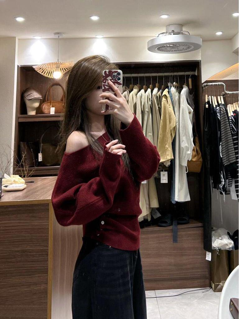 Roter Einärmliger Strickpullover für Damen - Herbst/Winter Slim Fit Basic-Oberteil