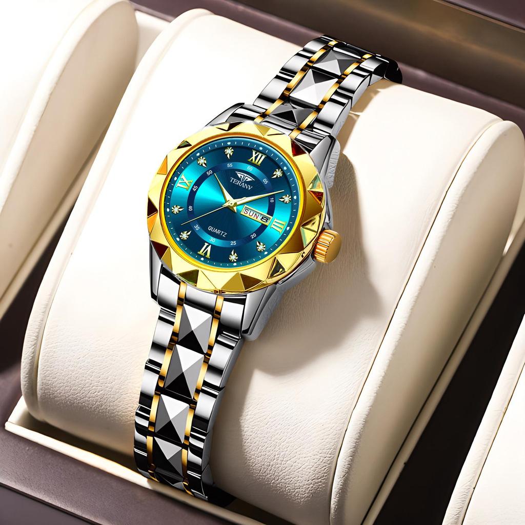 Women's Luminous Diamond Pattern Waterproof Quartz Watch with Double Calendar and Solid Band.