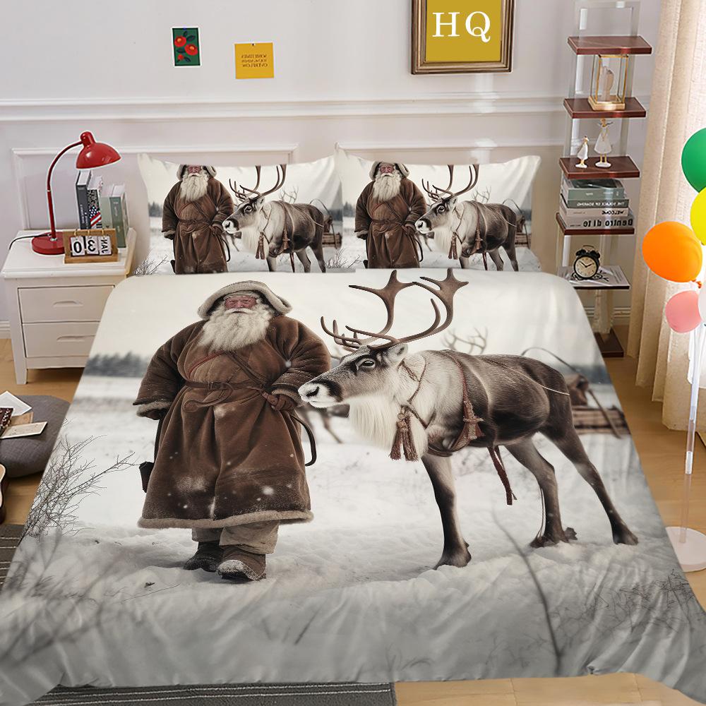 Christmas Carriage Snow Scene 3D Printed Polyester Pillowcase Quilt Cover Two Or Three-Piece Set Can Be