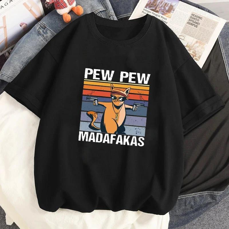 Fun Retro Pew Madafakas Cat Printed Cotton T-shirt for Women's Casual O-neck T-shirt for Summer Street Wear Harajuku T-shirt Top