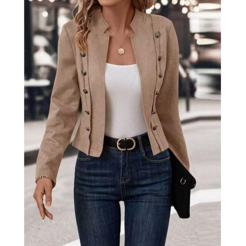 Womens Faux Suede Jacket Design Open Front Jacket Ladies Double-Breasted Buttons Casual Outerwear