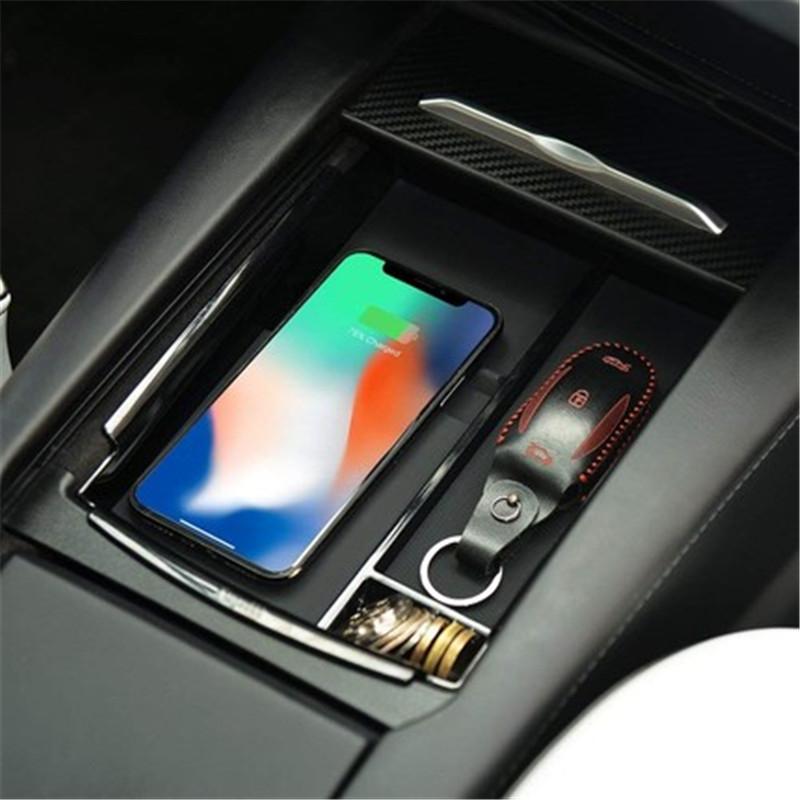 SRXTZM Nová bezdrátová nabíječka do auta, držák telefonu, úložný box do loketní opěrky pro iPhone, Samsung, konzolový držák pro Tesla Model XS