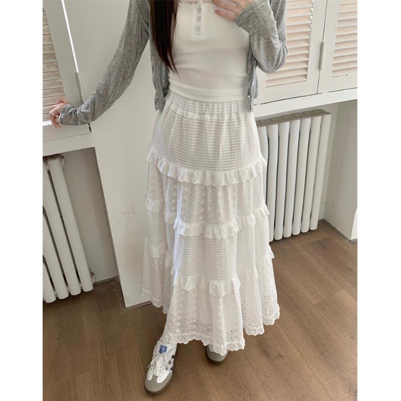 Lace White Long Skirt for Women Spring Summer High Waist A-Line Skirt Sweet A Line Cake Midi Skirts Y2k Female Clothing