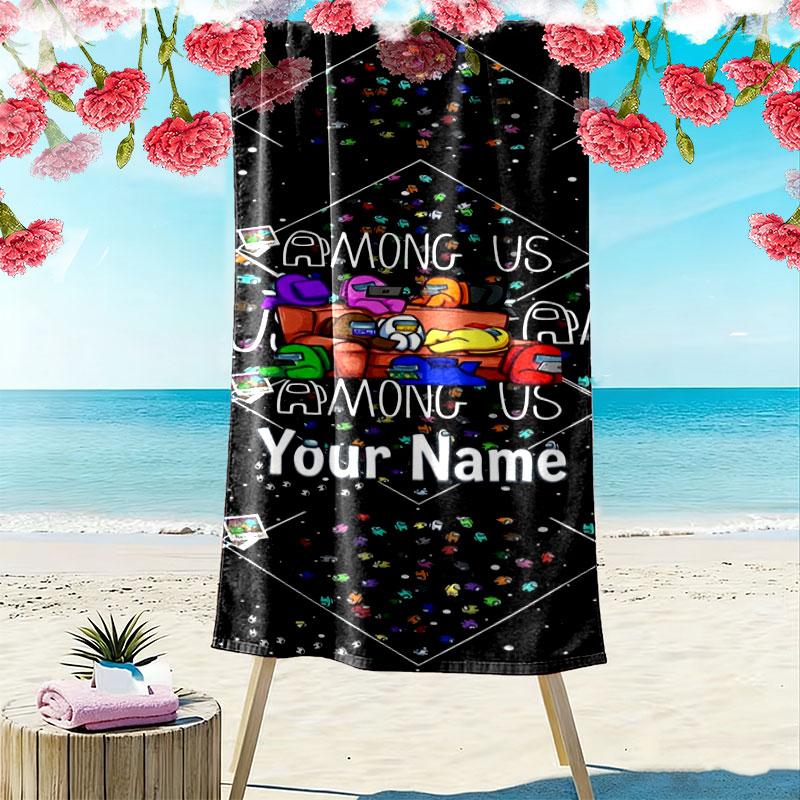 Among Us Custom Name Print Beach Towel, Large Soft Quick Dry Towel for Beach Camping Swimming
