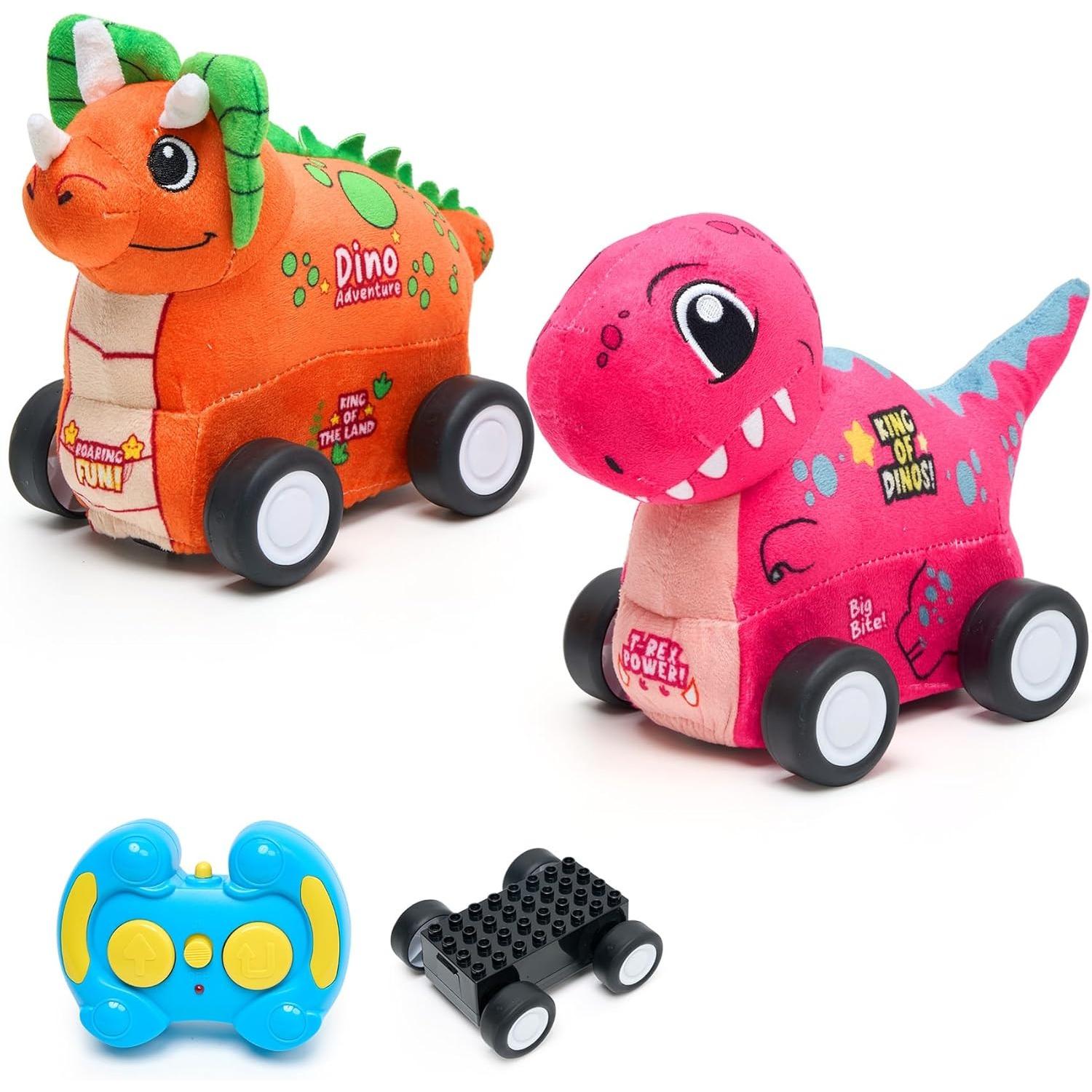 

Baby Toys Car Set with Dinosaur Plush Figures, Soft Washable, Manual Push & Remote Control Chassis Compatible with Major Building Blocks Learning Toy Red Dinosaur
