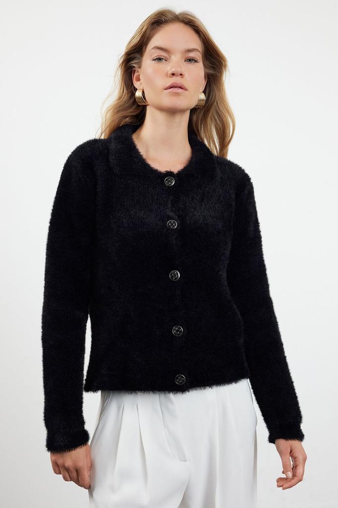 Women's Fashion Stylish Cardigan Black Shaggy Polo Collar Knitwear Cardigan